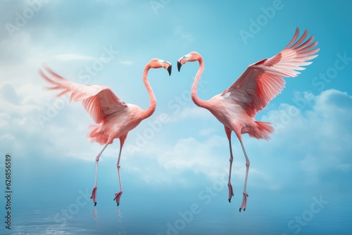 Jumping Moment, Two Flamingo On Sky Blue Background . Jumping Moment, Two Flamingo, Sky Blue Background, Movement, Capturing Movement, Wildlife Photography. photo