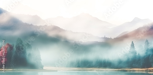 high view.Abstract pine forest or evergreen forest with river stream and landscape mountain in mist.beautiful nature background. ecology and environment.generative ai art