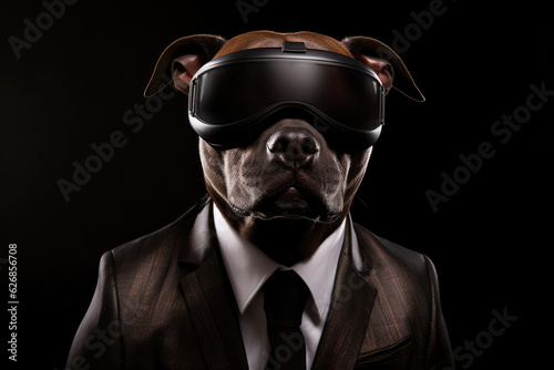 Staffordshire Bull Terrier In Suit And Virtual Reality On Black Background. Staffordshire Bull Terrier,Suits,Virtual Reality,Black Background,Breed,History,Appearance. Generative AI © Ян Заболотний