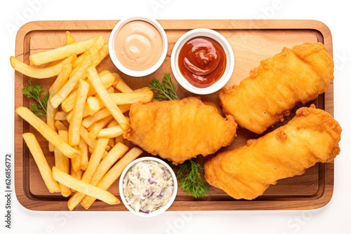 Top View, Fish And Chips On A Wooden Boardon White Background. Top View, Fish And Chips, Wooden Board, White Background. Generative AI photo