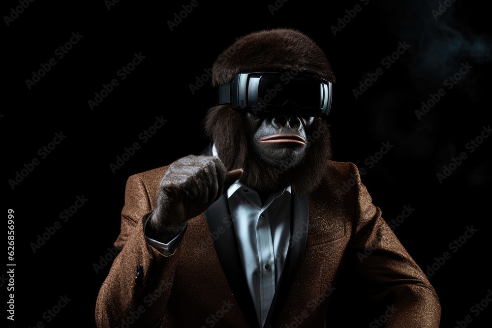 ภาพประกอบสต็อก Woolly Monkey In Suit And Virtual Reality On Black