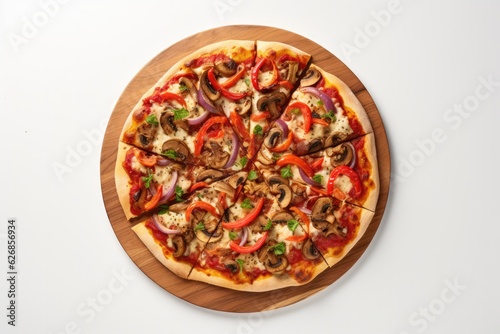 Top View, Vegan Pizza On A Wooden Boardon White Background. Top View, Vegan Pizza,Wooden Board,White Background. Generative AI