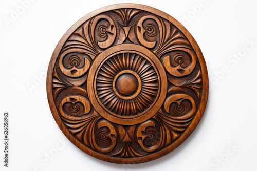 A Circular Wooden Plaque With A Design On It. Woodworking, Designing, Decorating, Carving, Engraving, Personalizing, Wood Finishes, Framing. Generative AI