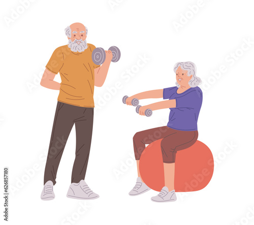 Cartoon grandmother and grandfather go in for sports with dumbbells and big gymnastic ball, vector doodle illustration