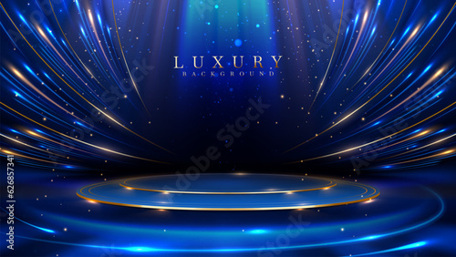 Empty podium golden on blue background with light neon effects with bokeh decorations. Luxury scene design concept. Vector illustrations.