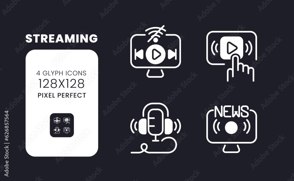 Streaming white solid desktop icons set. Multimedia content. Online entertainment. News broadcast. Pixel perfect 128x128, outline 4px. Symbols for dark theme. Glyph pictograms. Vector isolated images Streaming white solid desktop icons set. Multimedia content. Online entertainment. News broadcast. Pixel perfect 128x128, outline 4px. Symbols for dark theme. Glyph pictograms. Vector isolated images