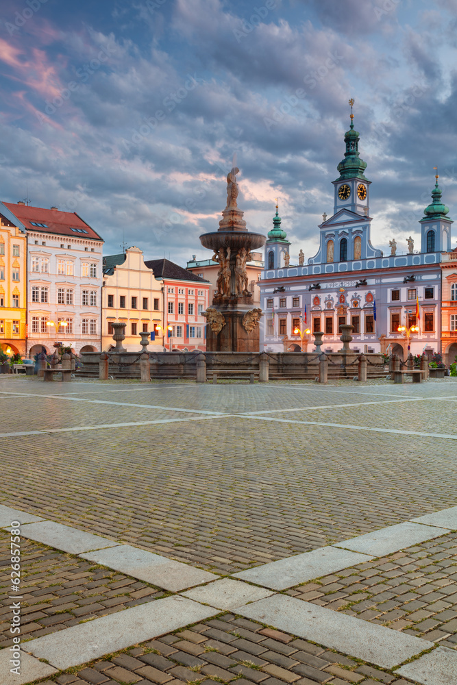 Ceske Budejovice, Czech Republic. Cityscape image of downtown Ceske Budejovice, Czech Republic with Premysl Otakar II Square and Samson Fountain at summer sunset.
