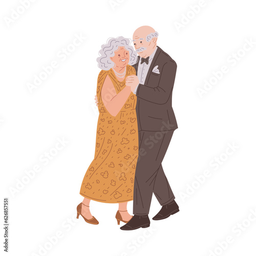 Cartoon grandmother and grandfather lovely dance holding hands, happily spend time together vector isolated illustration