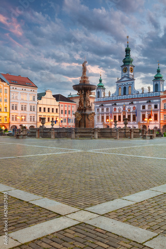Obraz na płótnie Ceske Budejovice, Czech Republic. Cityscape image of downtown Ceske Budejovice, Czech Republic with Premysl Otakar II Square and Samson Fountain at summer sunset. w salonie