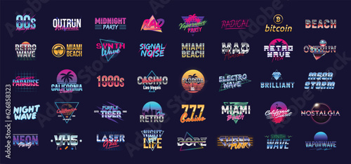 Retro 80s logo and signs. Vaporwave, Synthwave logo set for Night club, Casino, music album, party invitation designs. Print for t-shirt, tee. 40 colorful neon logo designs.