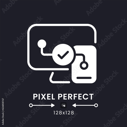 Cross-platform compatibility white solid desktop icon. Streaming on multiple devices. Pixel perfect 128x128, outline 4px. Silhouette symbol for dark mode. Glyph pictogram. Vector isolated image