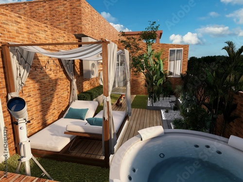 terraza con zona relax con cama balinesa y zona barbacoa y jacuzzi   photo