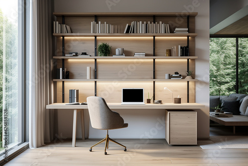 Interior of modern office with wooden walls  wooden floor  computer table and bookcase with folders. 3d rendering