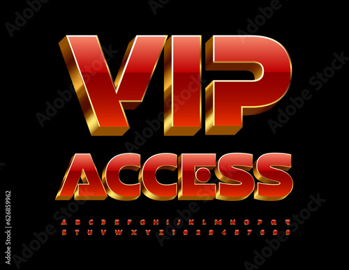 Vector premium Emblem Vip Access. Red and Golden chic Font. 3D Alphabet Letters and Numbers set