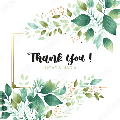  Thank You card green leaves square shape watercolor paint 