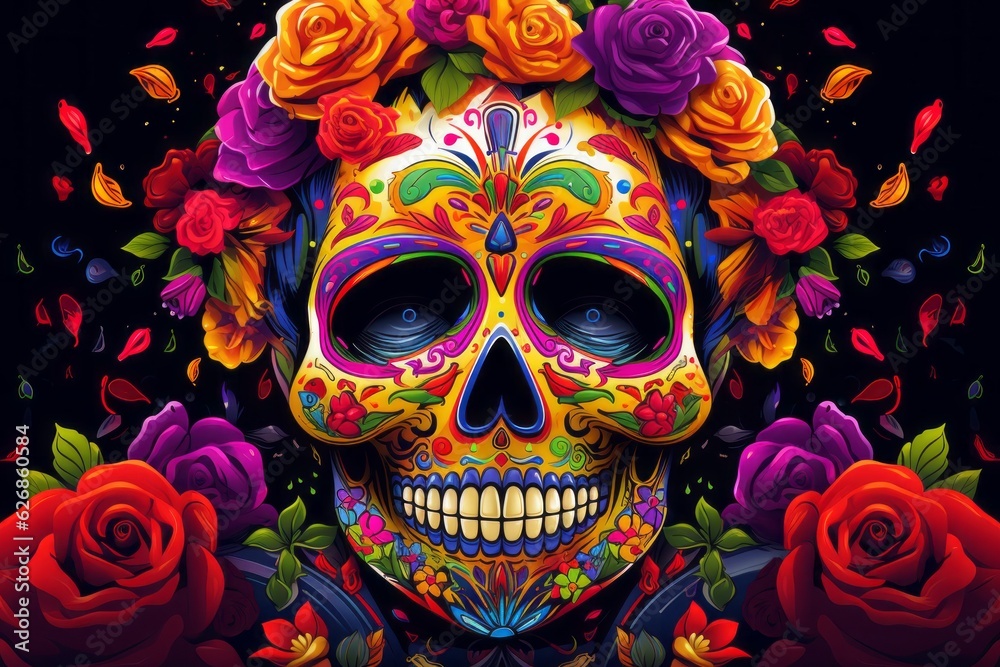 Vibrant symbols of Mexican Day of Dead concept, Generative AI