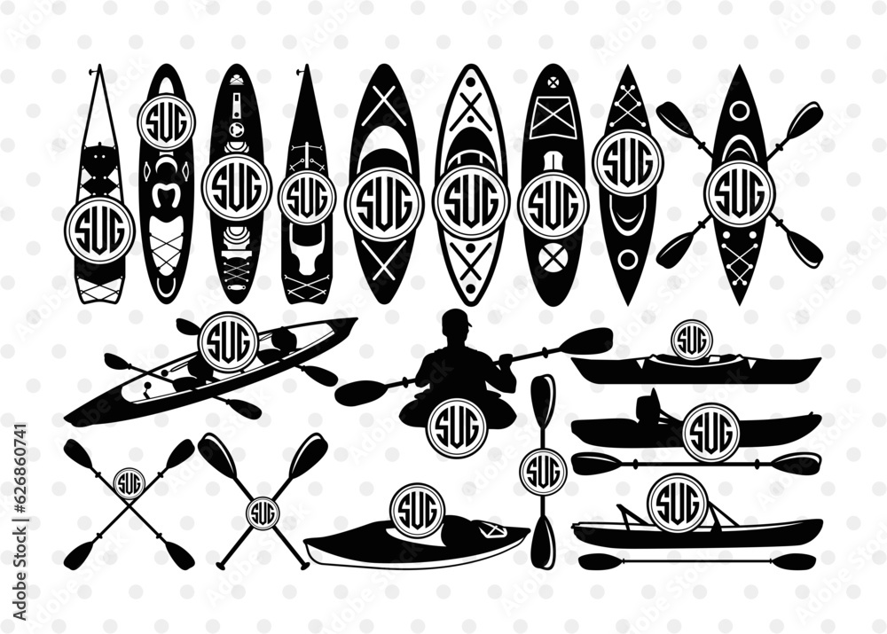 Kayak Circle Monogram, Kayak Silhouette, Kayak SVG, Canoe Svg, Kayaker