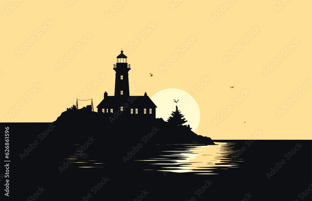 Beach Lighthouse vector silhouette, Lighthouse beach landscape illustration