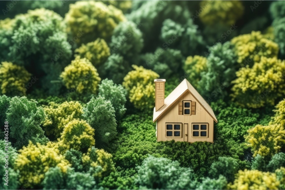 A small toy house on a background of plants, Concept of real estate in mortgages. A small toy house on a background of plants, Concept of real estate in mortgages.