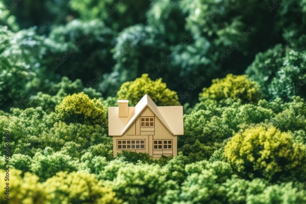 A small toy house on a background of plants, Concept of real estate in mortgages. A small toy house on a background of plants, Concept of real estate in mortgages.
