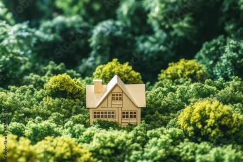 A small toy house on a background of plants, Concept of real estate in mortgages.