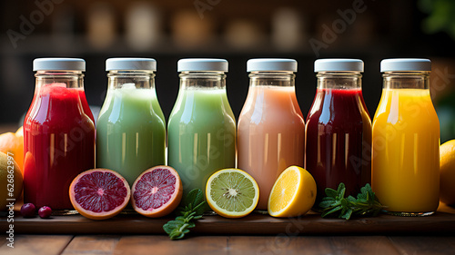 juice and fruits in glass bottles