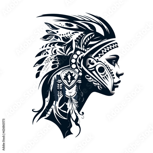 Black and white drawing for a profile tattoo of a girl in a mask and feathers
