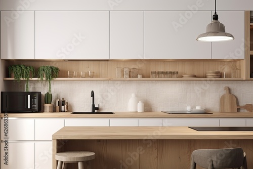 Interior of a white walled kitchen with light wood cabinets. A sink and countertops are present. mock up of a home cooked meal concept. Generative AI