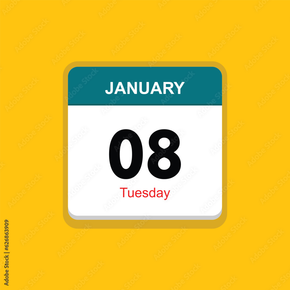 tuesday 08 january icon with black background, calender icon