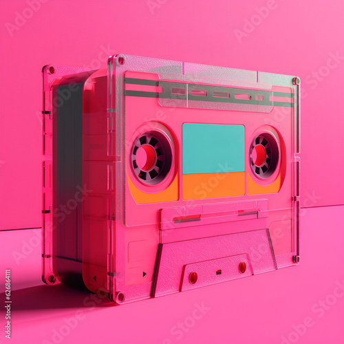 Retro audio tape on pink background. AI generated content.