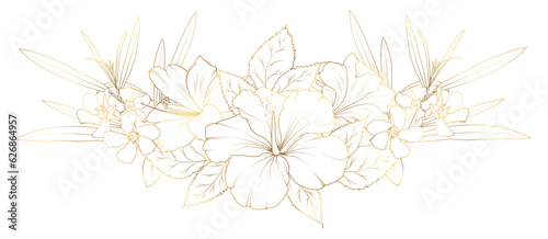 Gold frame. Hibiscus lily and plumeria flowers frame. Circle flowers golden frame on white background.