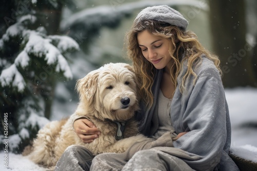 Portrait of a young woman with her dog outside in the forest.