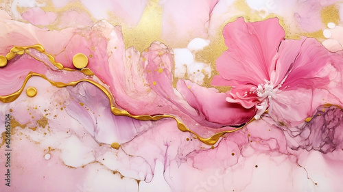 Marble ink abstract background with pink and golden paint splashes.