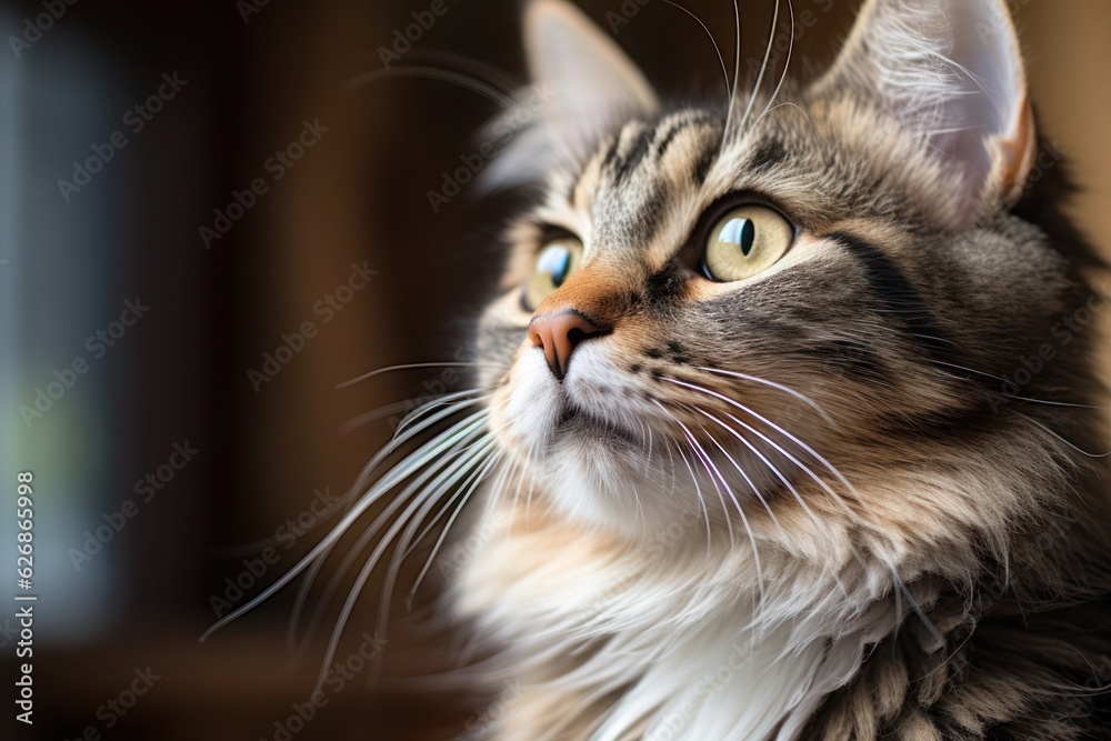 Portrait of a domestic striped cat having fun indoors.