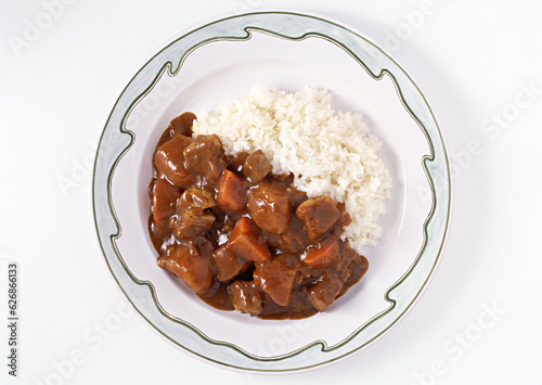 Curry Rice on White background with clipping path. Popular Japanese foods. On top.