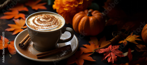 Spice pumpkin latte on autumn background photo