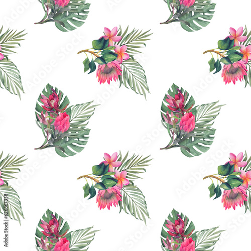 Watercolor seamless pattern with monstera and palm tropical leaves and protea flowers. Jungle design illustration for fabrics, covers, prints. hand drawn botanical illustration.