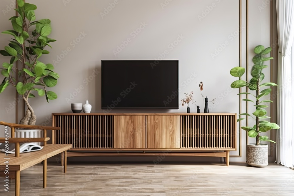Japanese style wooden cabinet in a contemporary living room with a ...