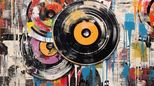Generative AI, Grunge Vinyl Records, pop art graffiti, vibrant color. Ink melted paint street art on a textured paper vintage background