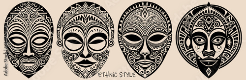 Set of tribal masks, faces, outline, silhouette isolated on white background. Black templates. Ethnic heritage of East, Asia, India, Mexico, Aztec, Africa, Peru in line art style. photo