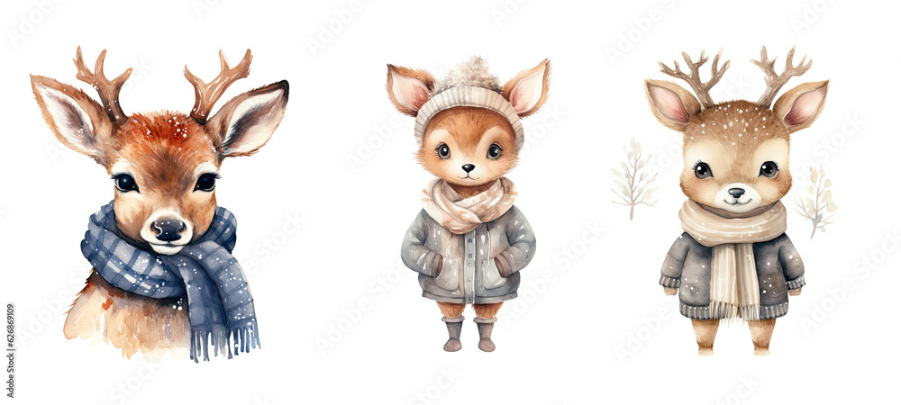 Fototapeta premium scarf cute deer in winter cloth watercolor ai generated