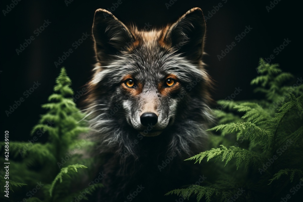 Naklejka premium Duotone portrait of a fox that is in the forest. Beautiful illustration picture. Generative AI