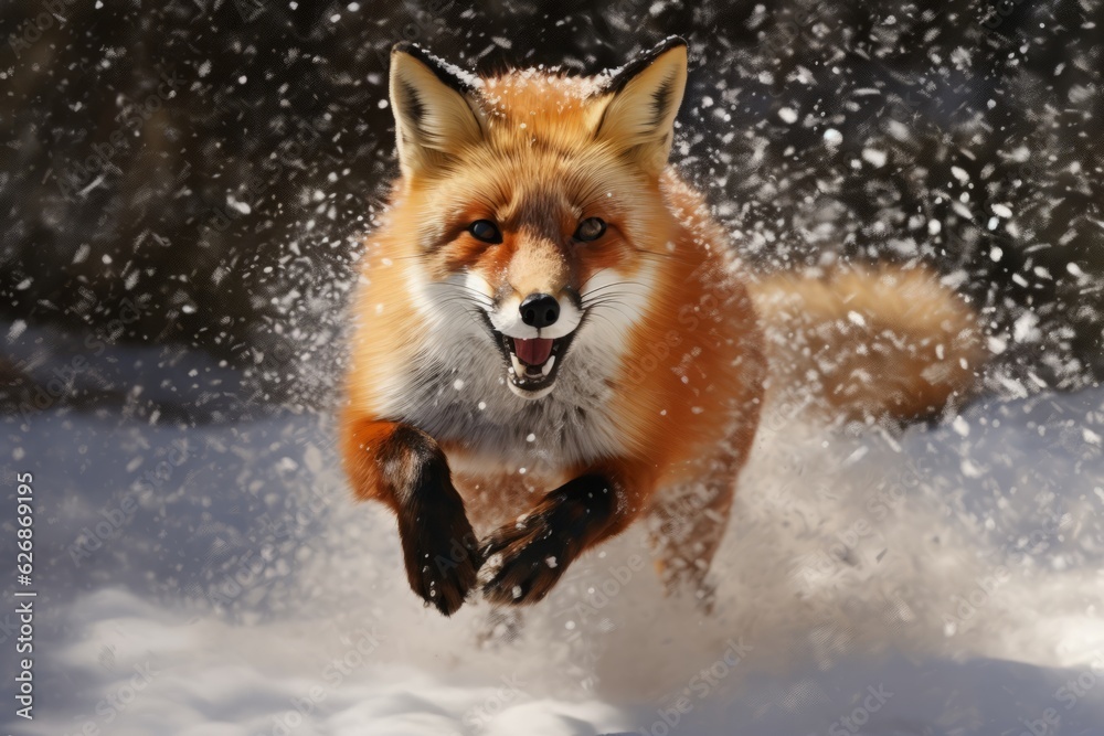 Fox playing in snow. Beautiful illustration picture. Generative AI