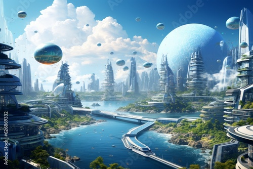 Futuristic cityscape with flying cars. Beautiful illustration picture. Generative AI