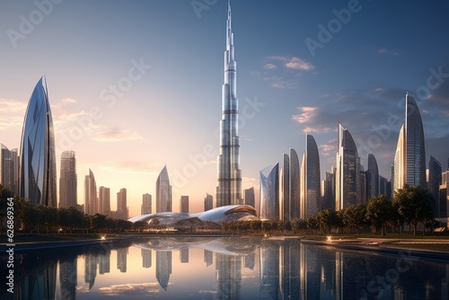 Futuristic view of skyscraper. Beautiful illustration picture. Generative AI