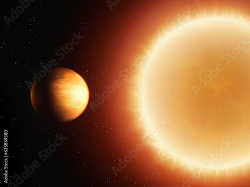 Gas giant close to its star. Orbit of a planet near the sun. Hottest exoplanet in space.