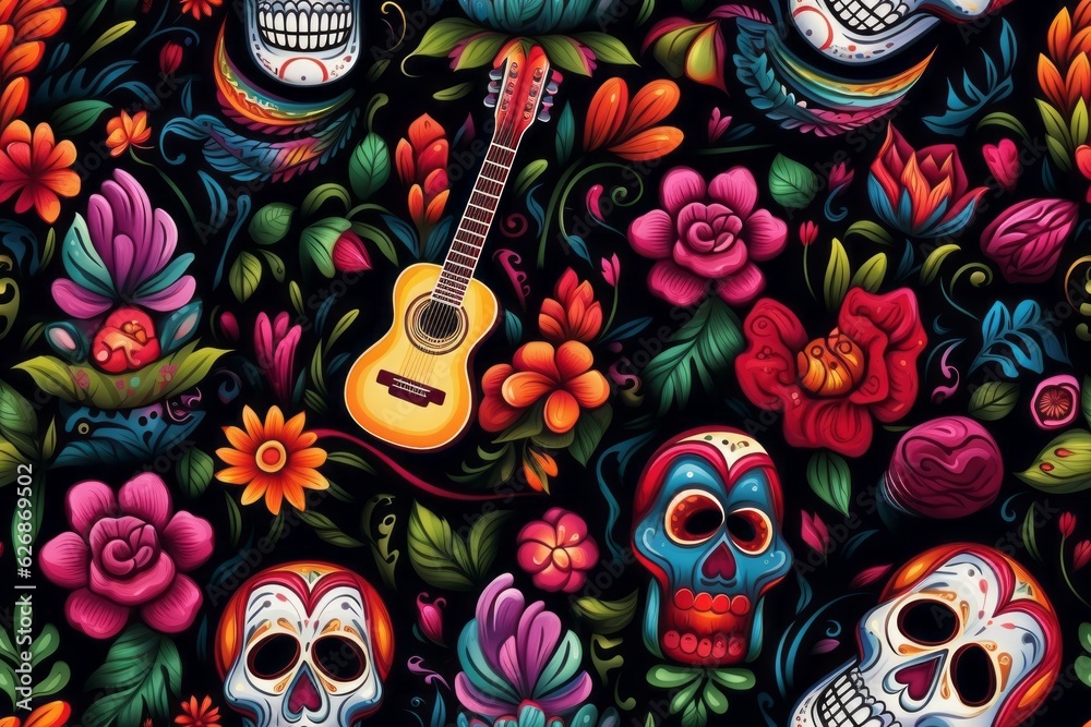 Fototapeta premium Mexican day of the dead celebration, seamless pattern, generative AI