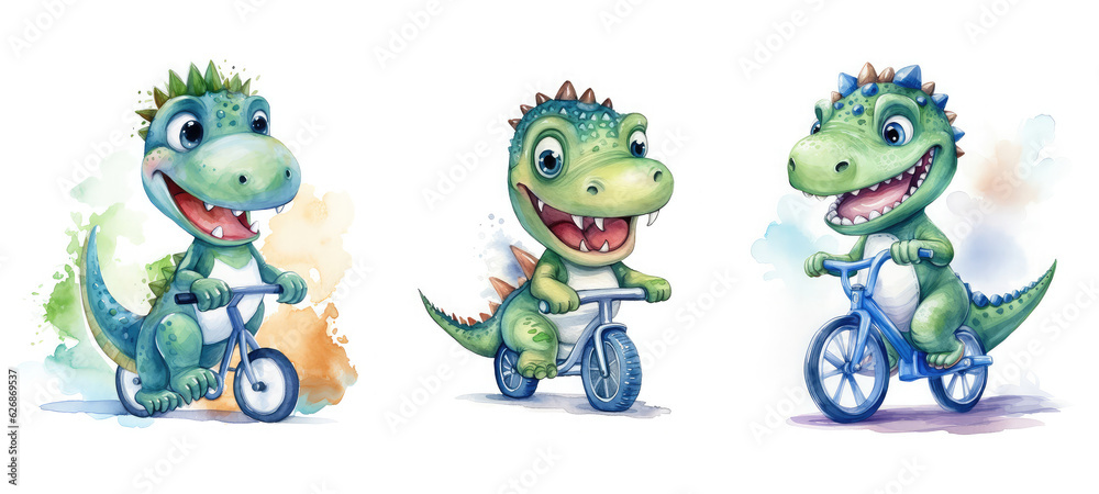 Obraz premium wildlife cute dino on bike watercolor ai generated