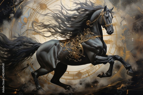 Horse in motion. Gold and black. Beautiful illustration picture. Generative AI