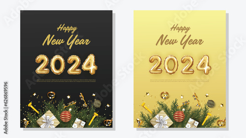 Happy new year 2024. realistic balloon 2024 numbers background. set of 2024 Brochure design template, banner.